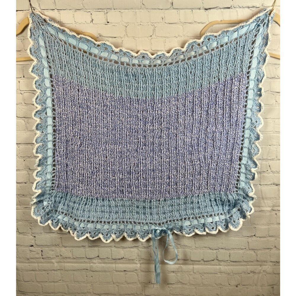 Handmade Acrylic Crochet Knit Afghan Blanket Granny Blue Lilac Bow NWOT